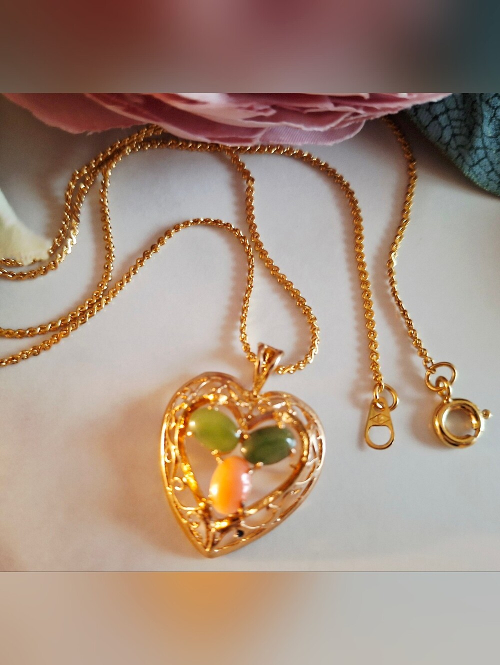 Vintage 80s ✨️💚🧡Heart Jade Pendant Necklace